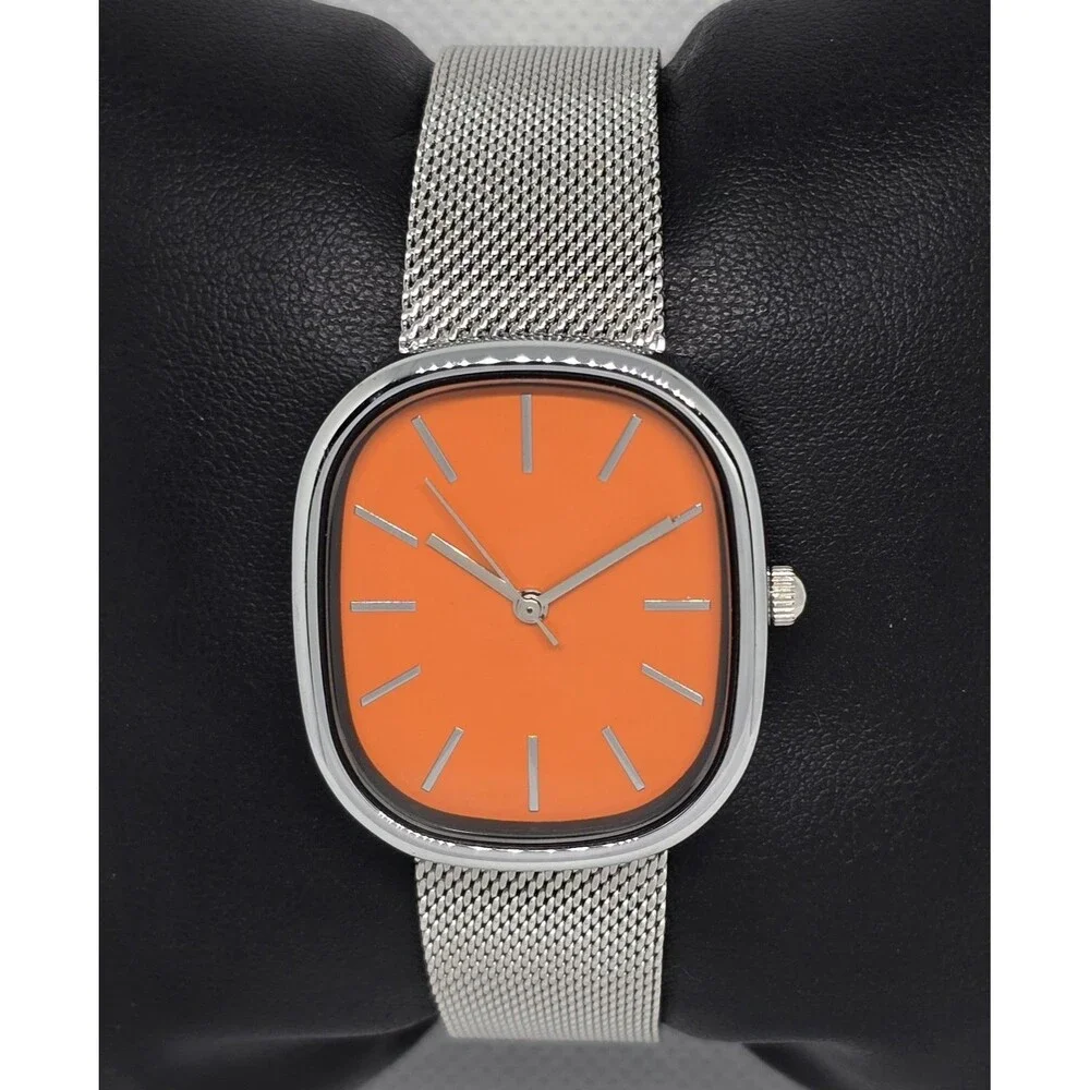 Women’s Bislay Minimalistic Orange Dial Silver Tone Case Mesh Band Watch 13 - Picture 5 of 8